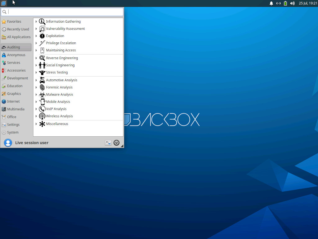 Меню BackBox Linux 7