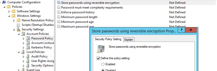 Store password using reversible encryption for all users in the domain - запрет хранения пароля с обратимым шифрованием
