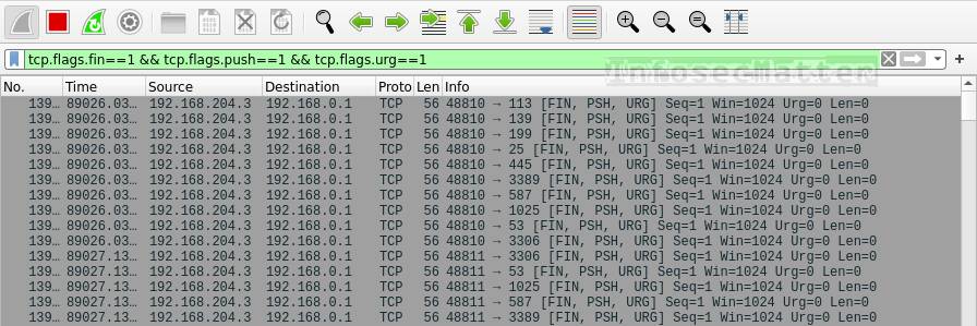 Detecting TCP Xmass scan with Wireshark filter