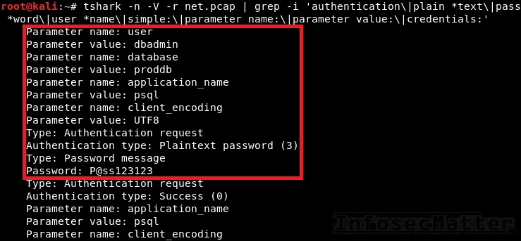 Example of captured PostgreSQL password using Tshark