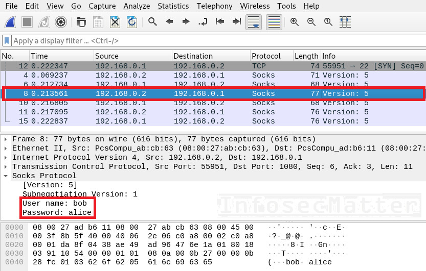 Capturing SOCKS authentication with Wireshark