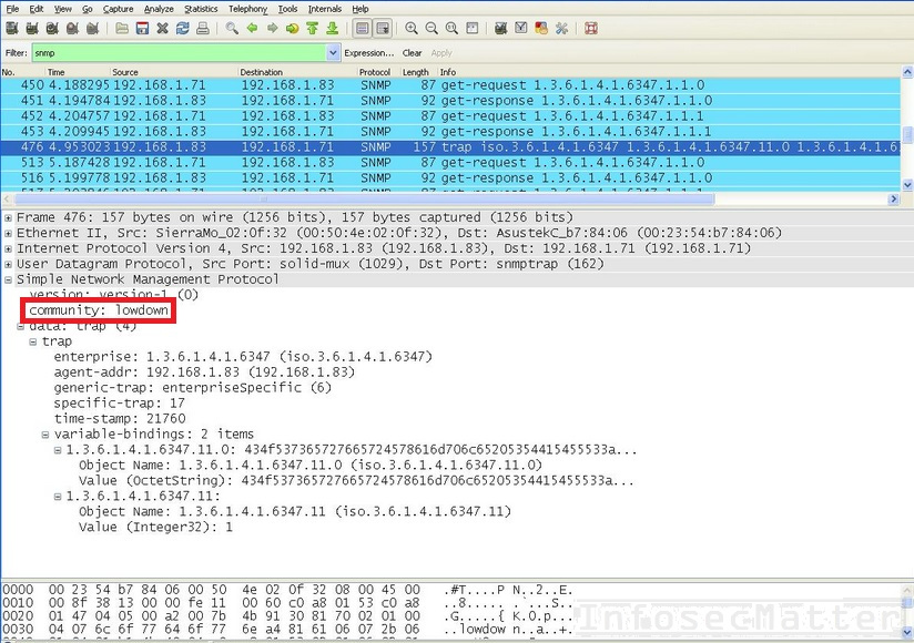 Capturing SNMP community string with Wireshark