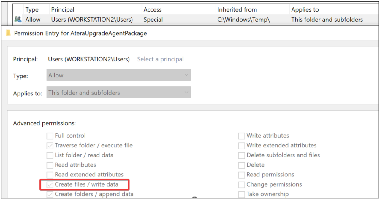 Повышение привилегий с помощью сторонних установщиков WindowsAteraUpgradeAgentPackage folder permissions